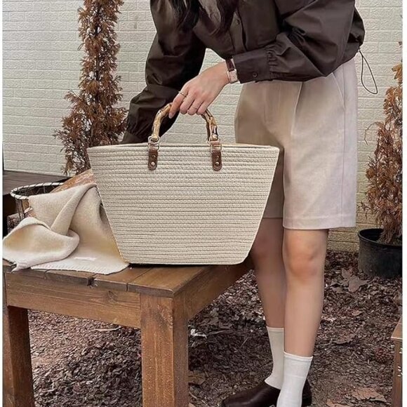 Neiman Marcus Beige Resin Bamboo Handle Cotton Thread Tote Bag - Picture 1 of 5